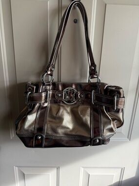 Metallic Bronze Shoulder Bag with Decorative Buckle